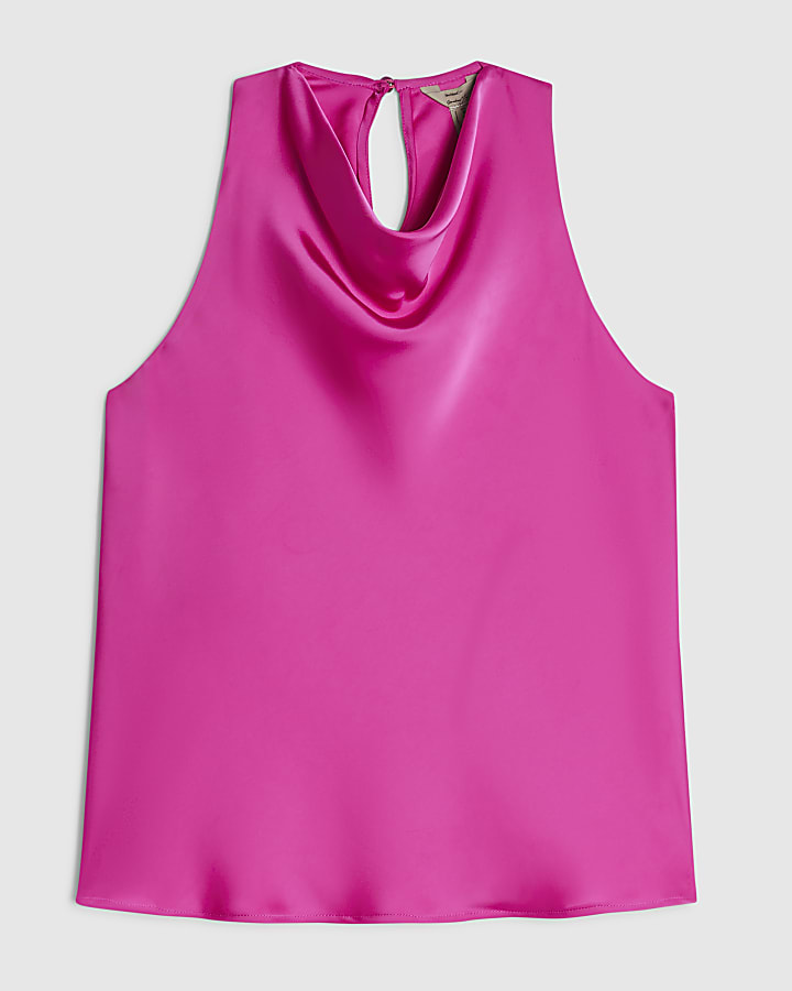 Pink Satin Halter Neck Sleeveless Top