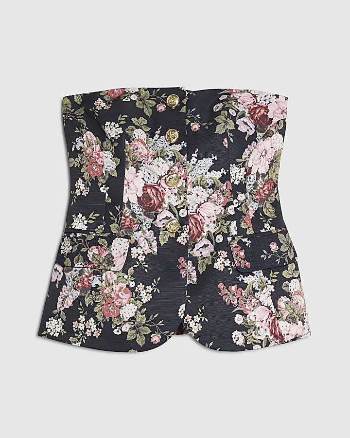 Black Floral Button Bandeau Top