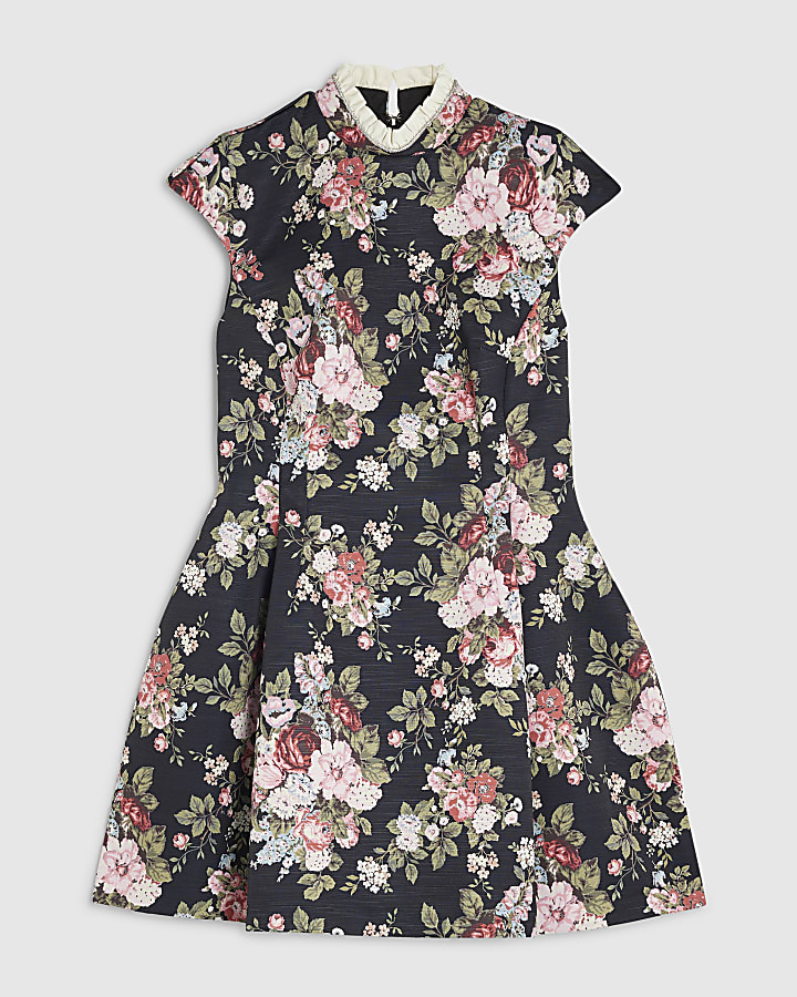 Black Floral Lantern Skirt Dress