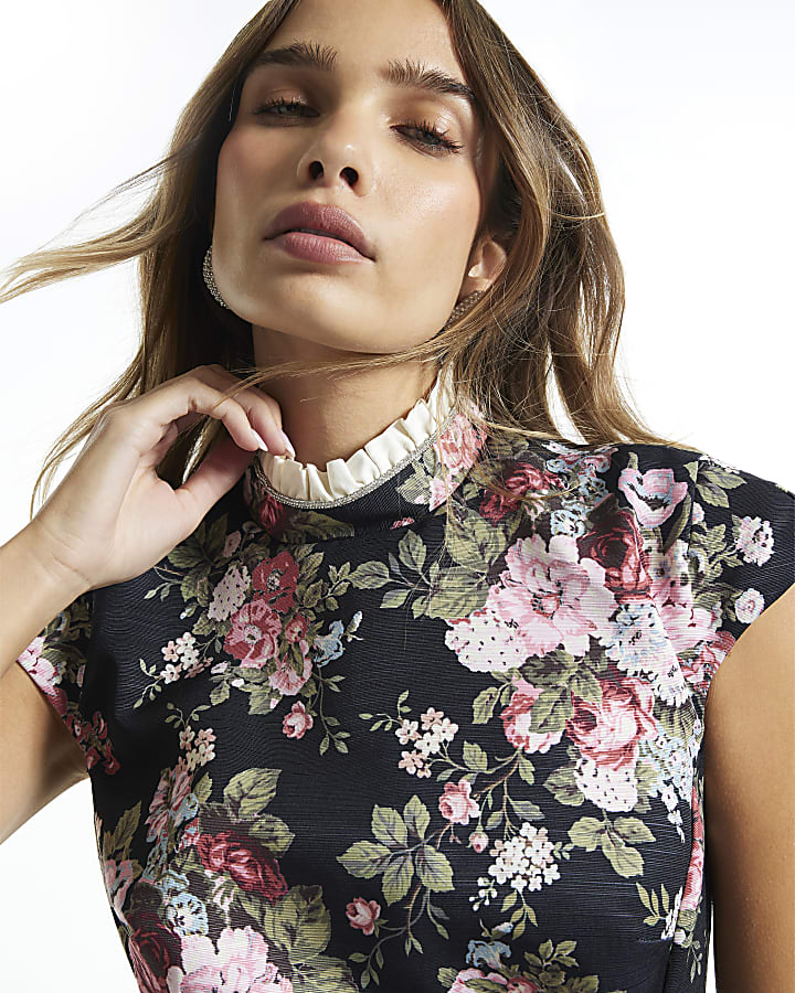 Black Floral Lantern Skirt Dress