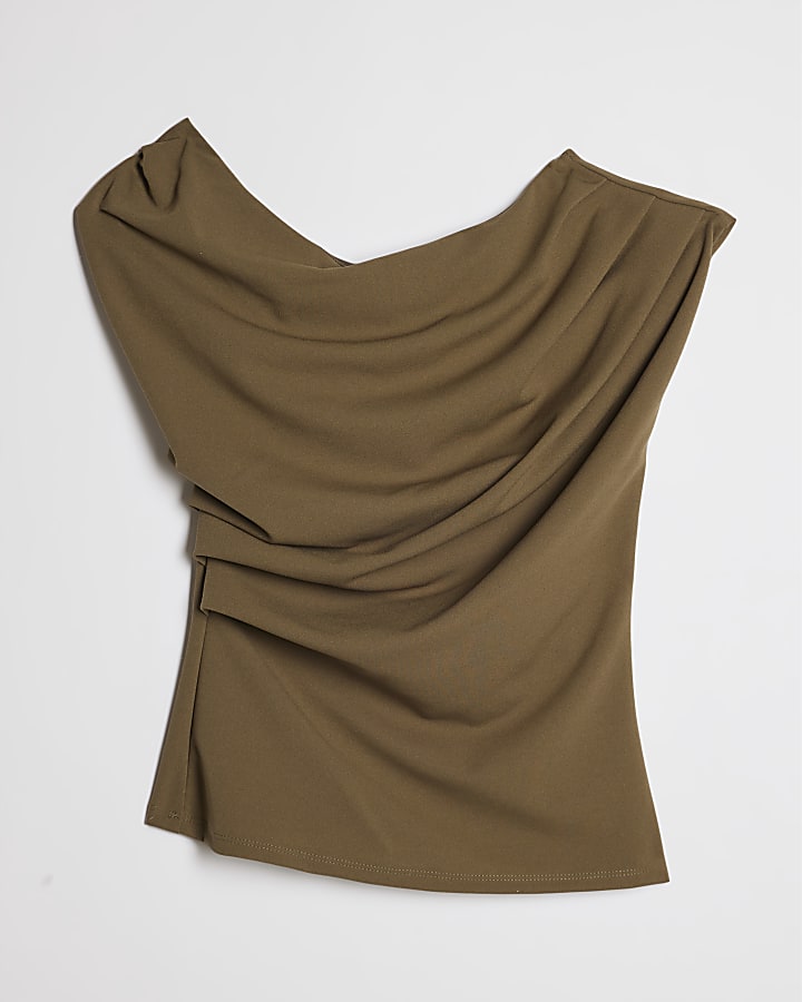 Khaki One shoulder Drape Top