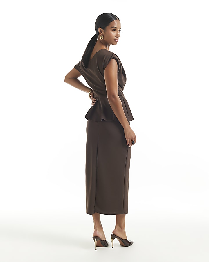 Petite Brown Peplum Midi Dress