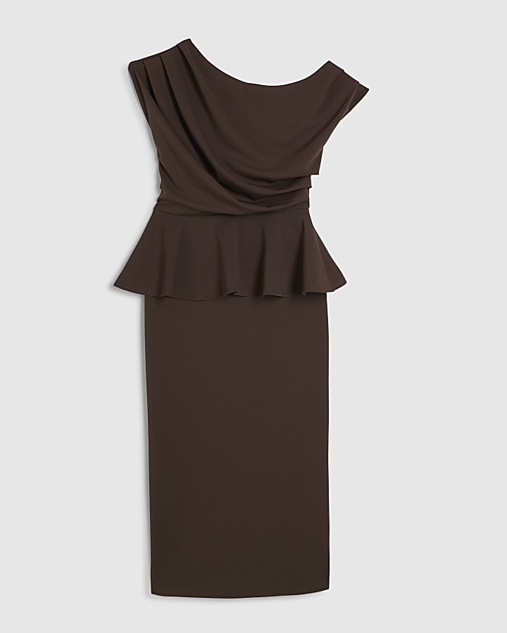 Petite Brown Peplum Midi Dress