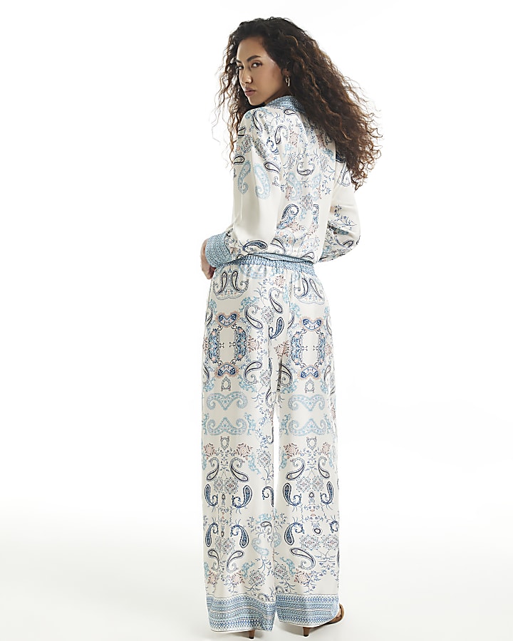 Blue Satin Paisley Wide Leg Trousers