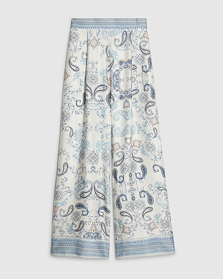 Blue Satin Paisley Wide Leg Trousers