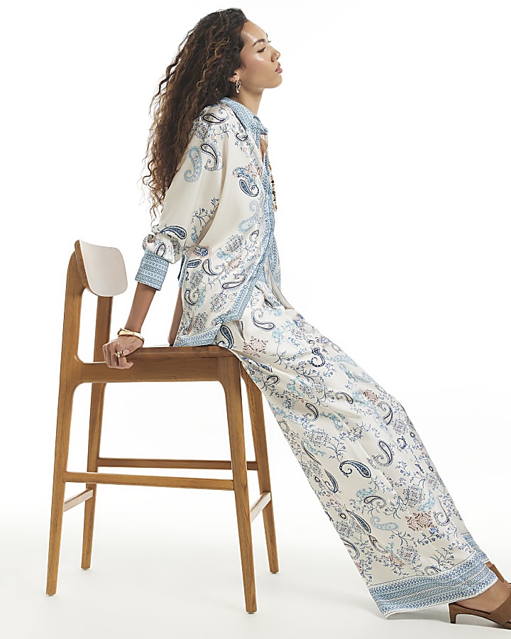 Blue Satin Paisley Wide Leg Trousers