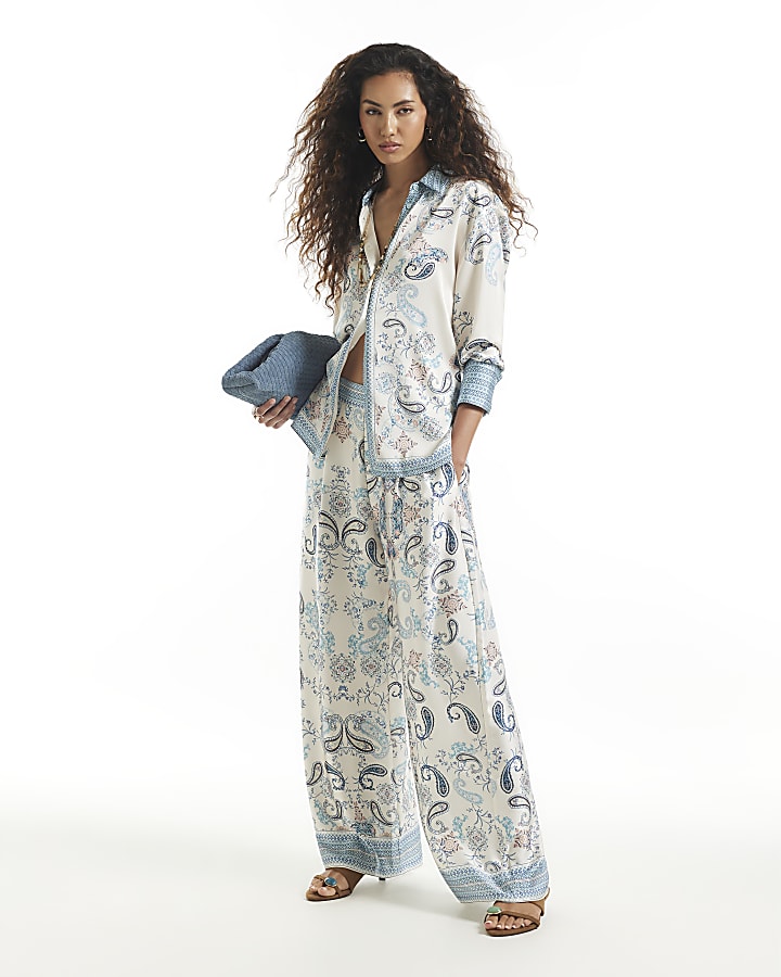 Blue Satin Paisley Wide Leg Trousers