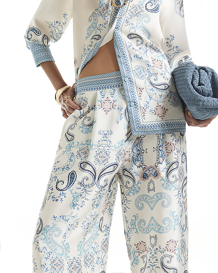 Blue Satin Paisley Wide Leg Trousers