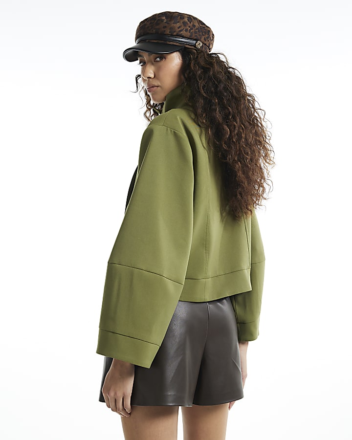 Green Funnel Neck Cocoon Sleeve Jacket
