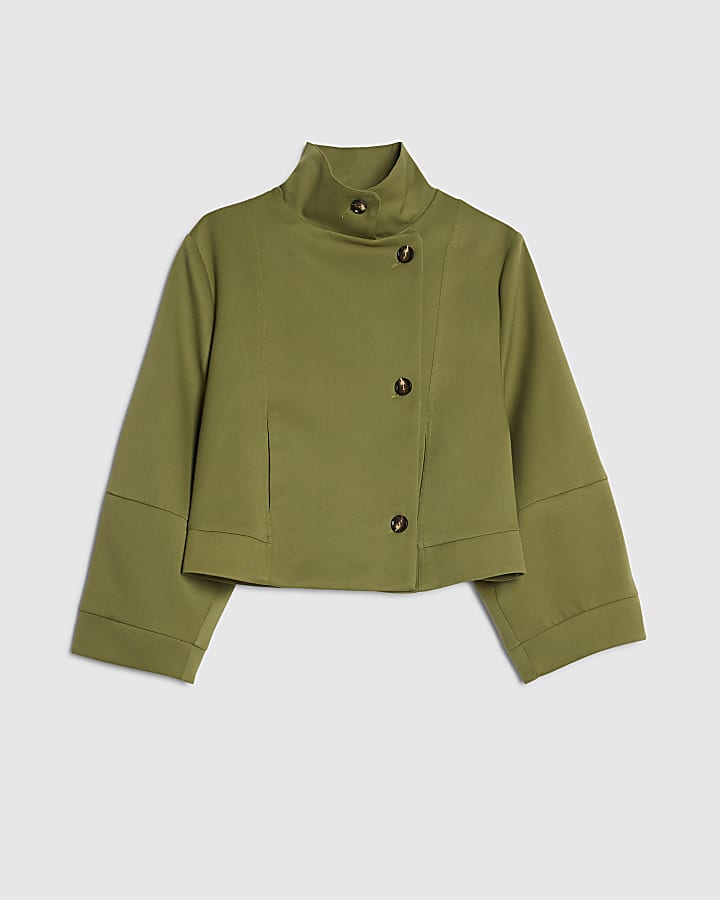 Green Funnel Neck Cocoon Sleeve Jacket