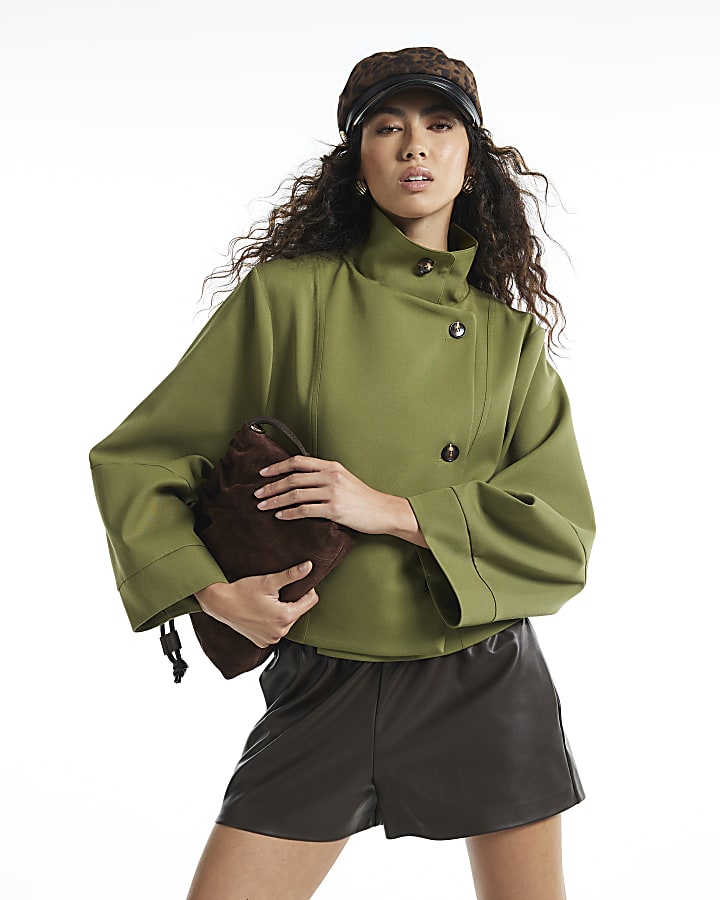 Green Funnel Neck Cocoon Sleeve Jacket