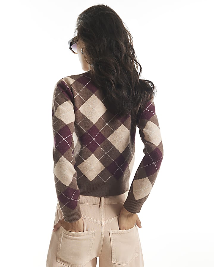 Brown Argyle Pearl Embellished Jumper