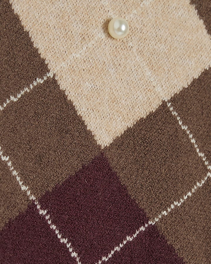 Brown Argyle Pearl Embellished Jumper