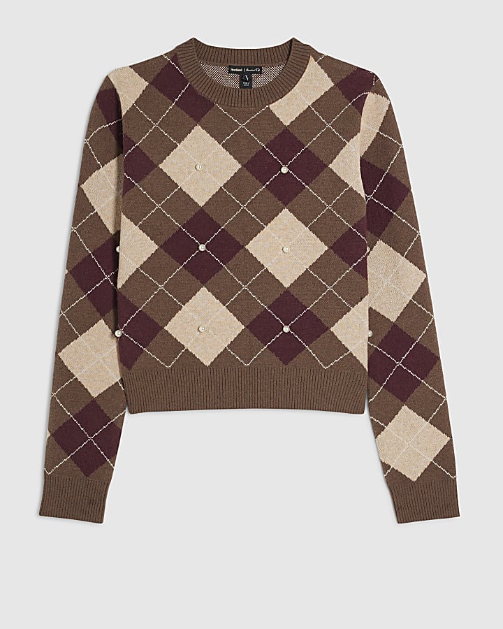 Brown Argyle Pearl Embellished Jumper