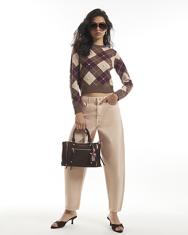 Brown Argyle Pearl Embellished Jumper