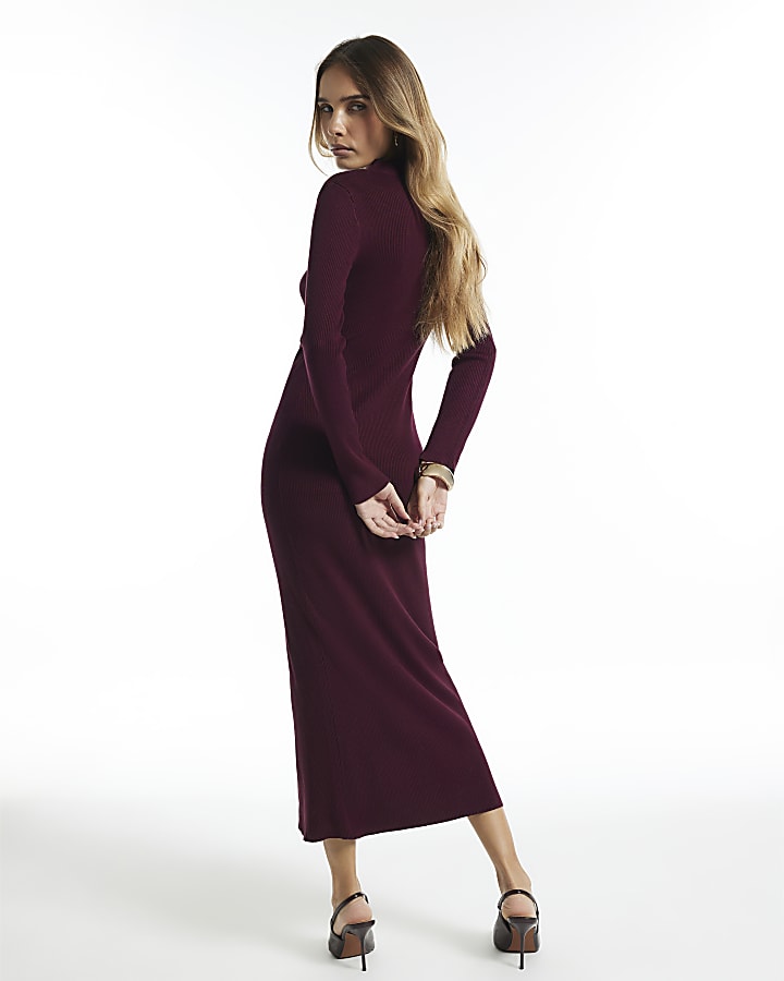 Burgundy Rib Button Down Midi Dress