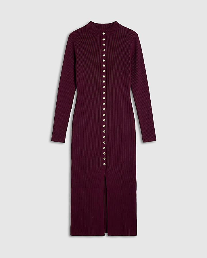 Burgundy Rib Knit Stacked Button Midi Dress