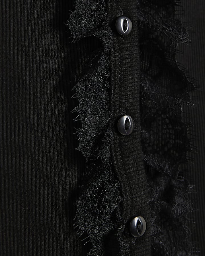Black Ribbed Lace Trim Cardigan
