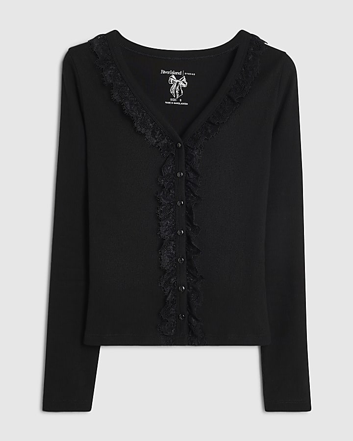 Black Ribbed Lace Trim Cardigan