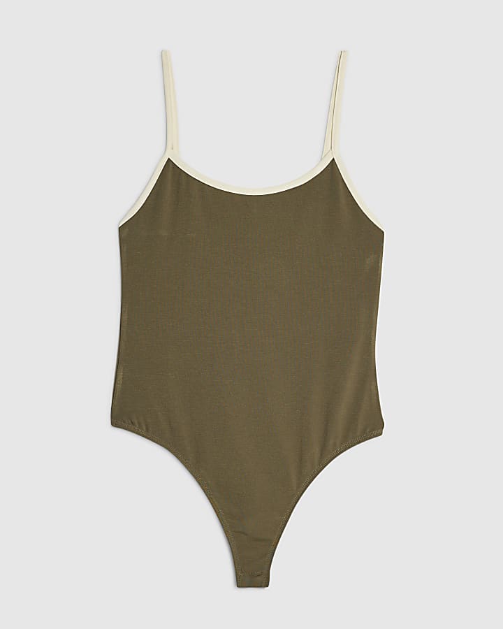Khaki Sleeveless Contrast Binding Bodysuit