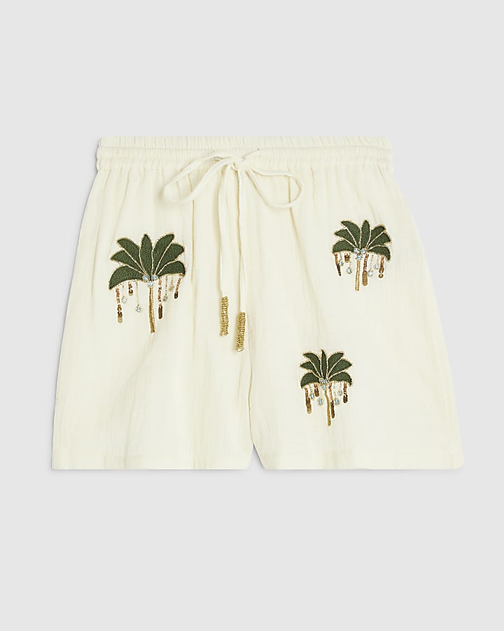 Cream Palm Tree Embellished Beach Shorts