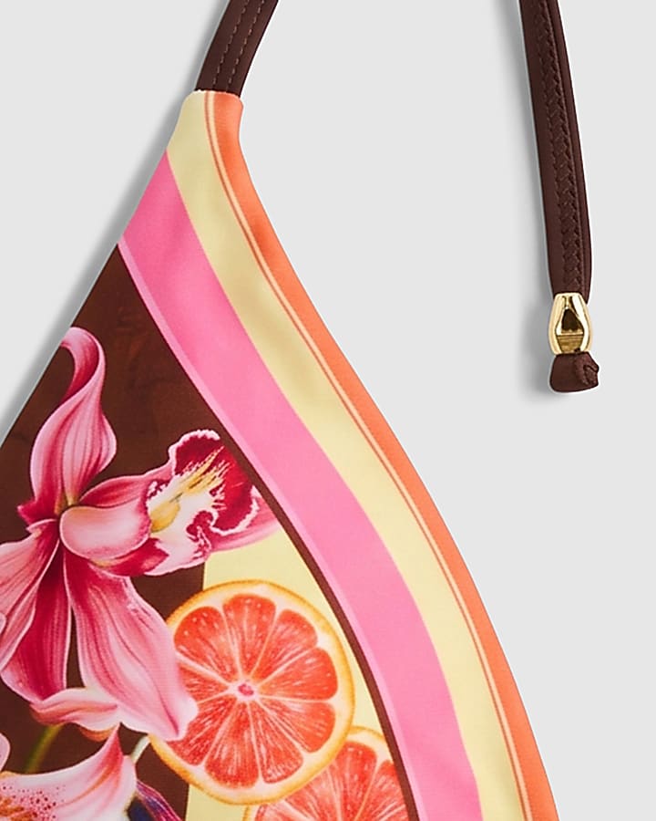 Pink Floral Print Triangle Bikini Top