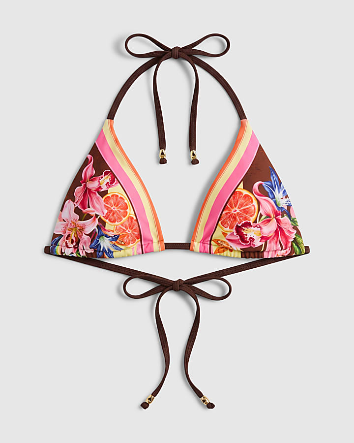 Pink Floral Print Triangle Bikini Top