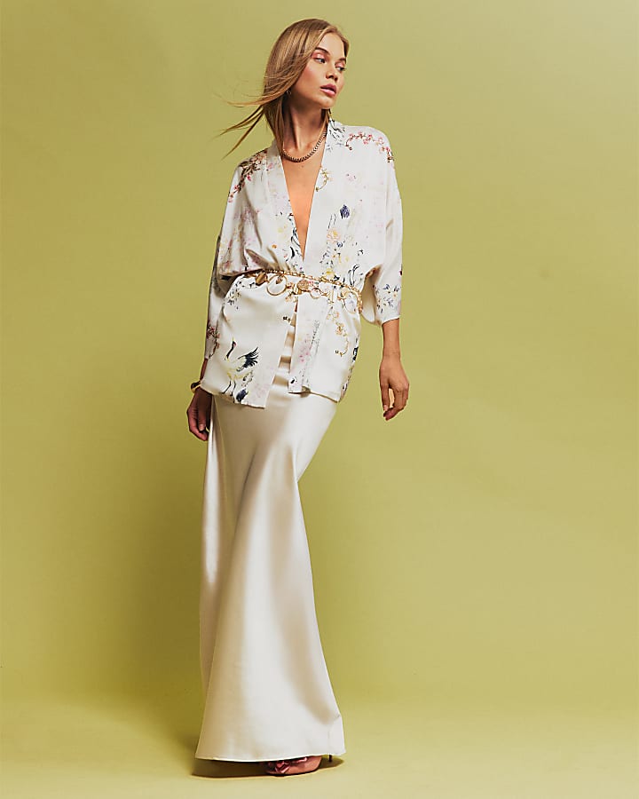 Cream Floral Print Kimono