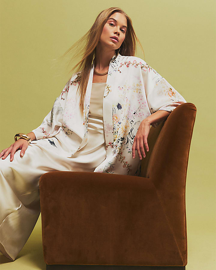 Cream Floral Print Kimono