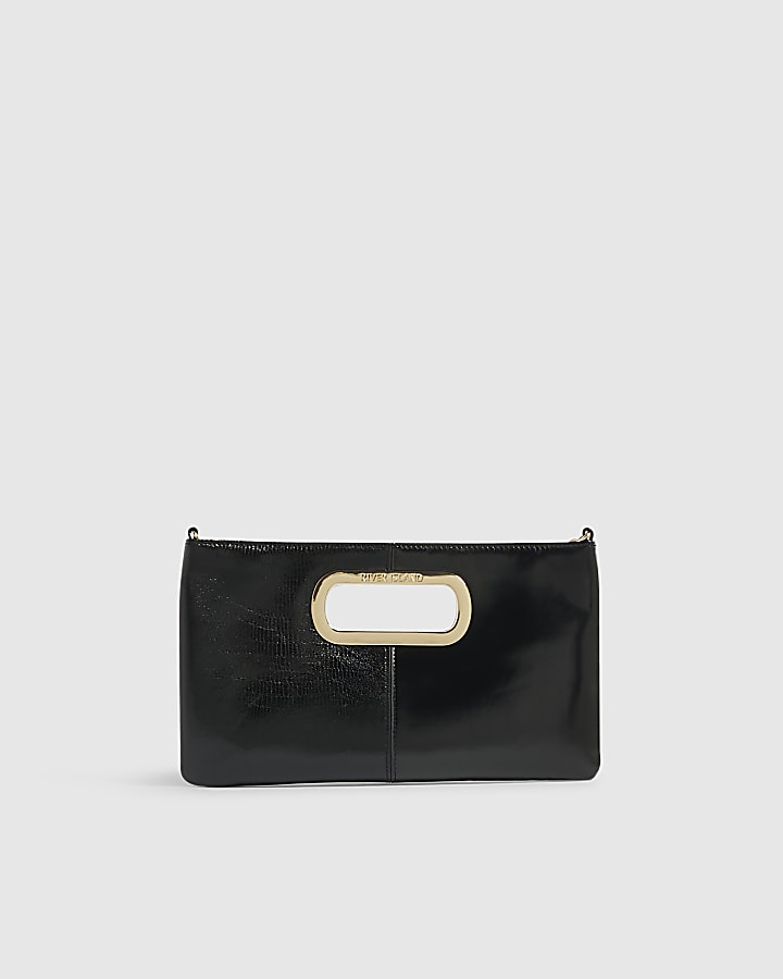 Black Panelled Metal Handle Clutch Bag