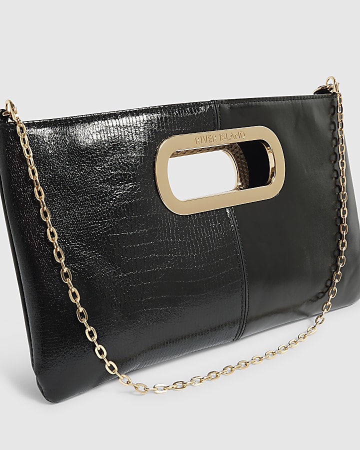 Black Panelled Metal Handle Clutch Bag