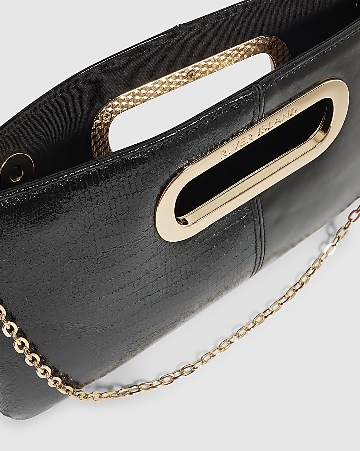 Black Panelled Metal Handle Clutch Bag