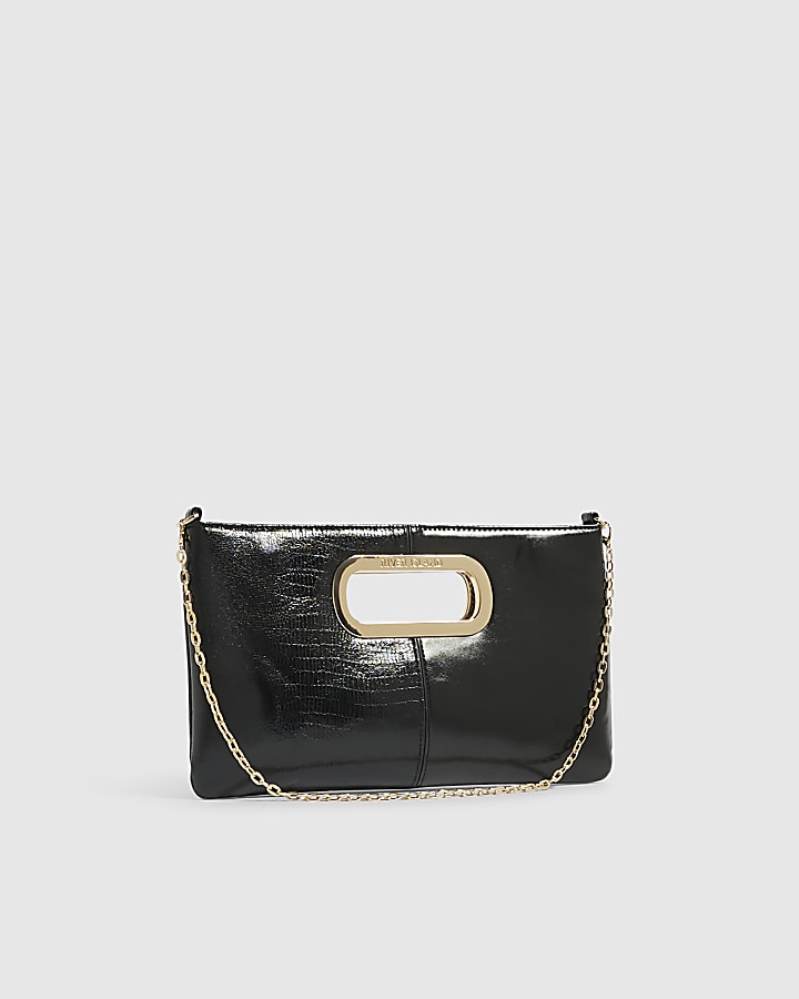Black Panelled Metal Handle Clutch Bag