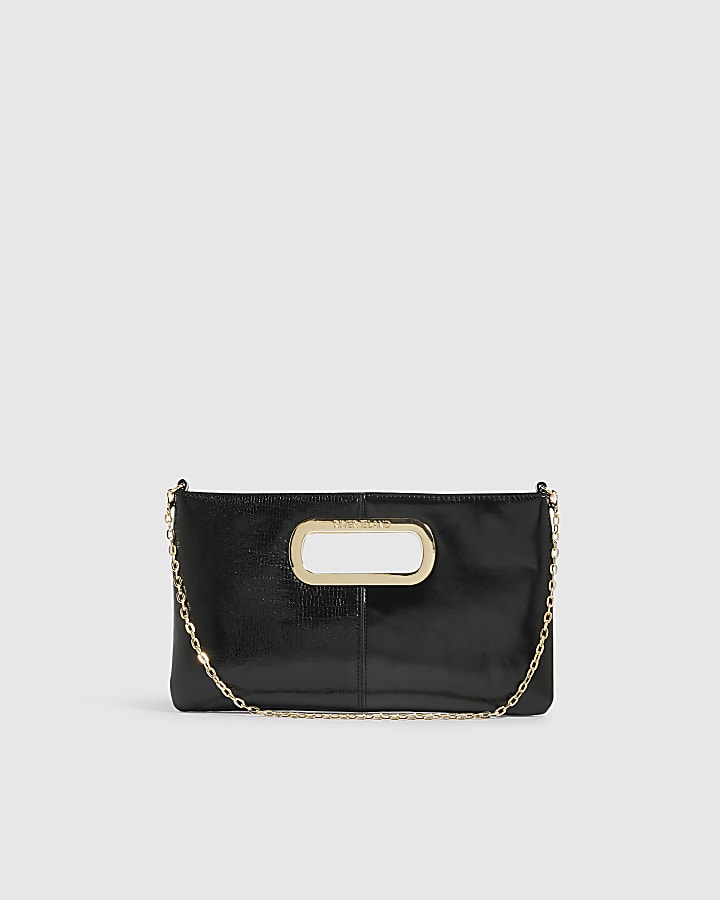 Black Panelled Metal Handle Clutch Bag