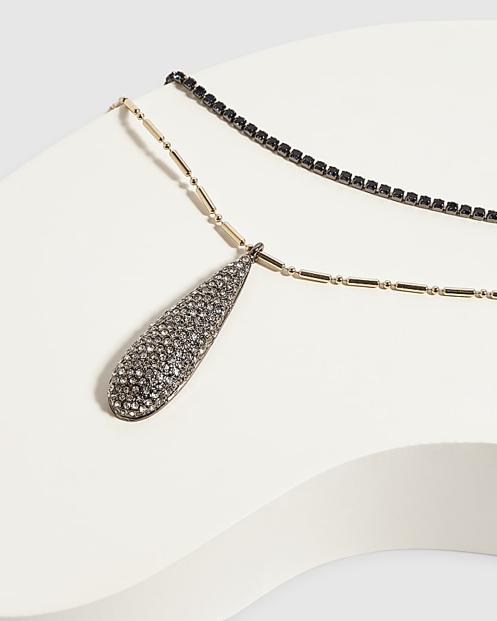 Gold Pave Tear Drop Layered Pendant Necklace