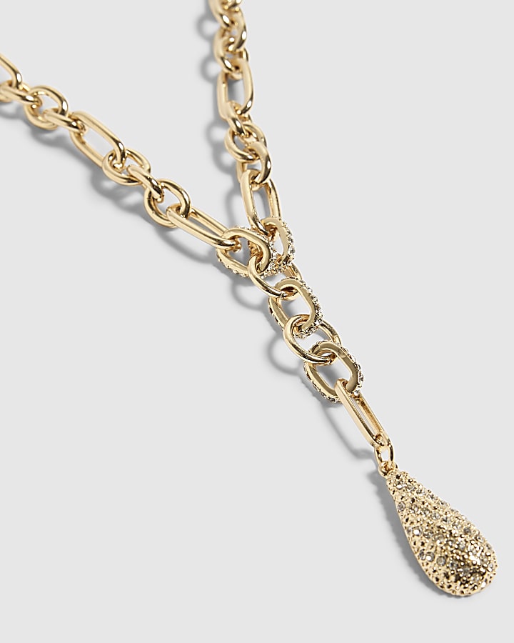 Gold Pave Tear Drop Lariat Necklace