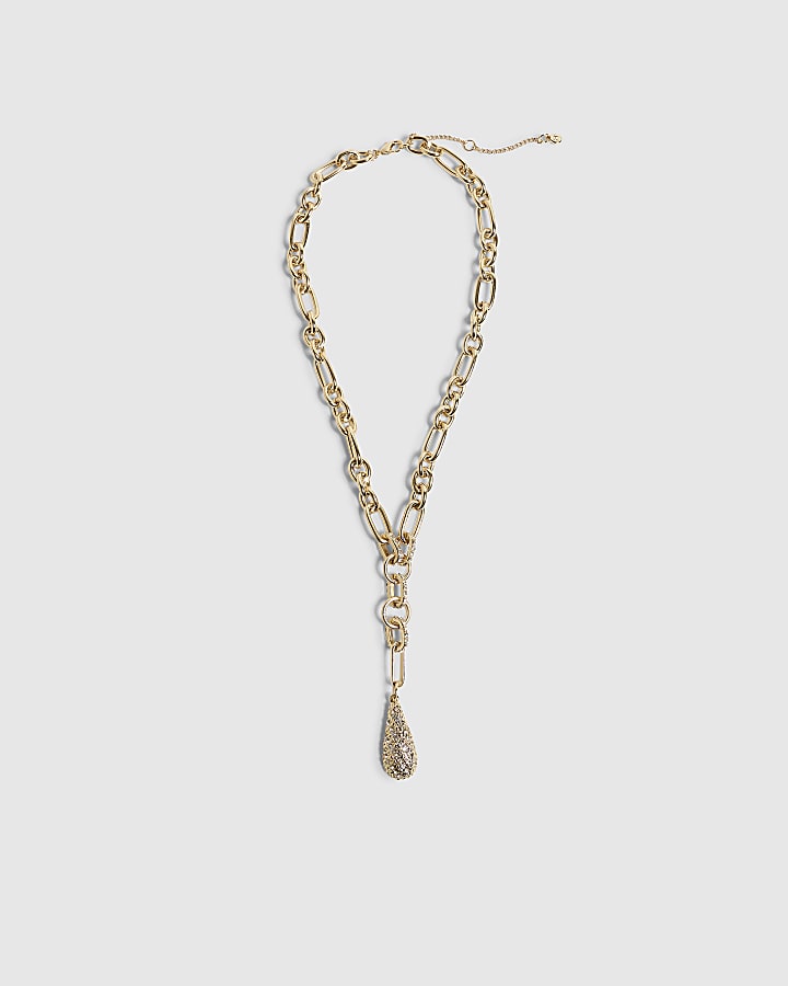 Gold Pave Tear Drop Lariat Necklace