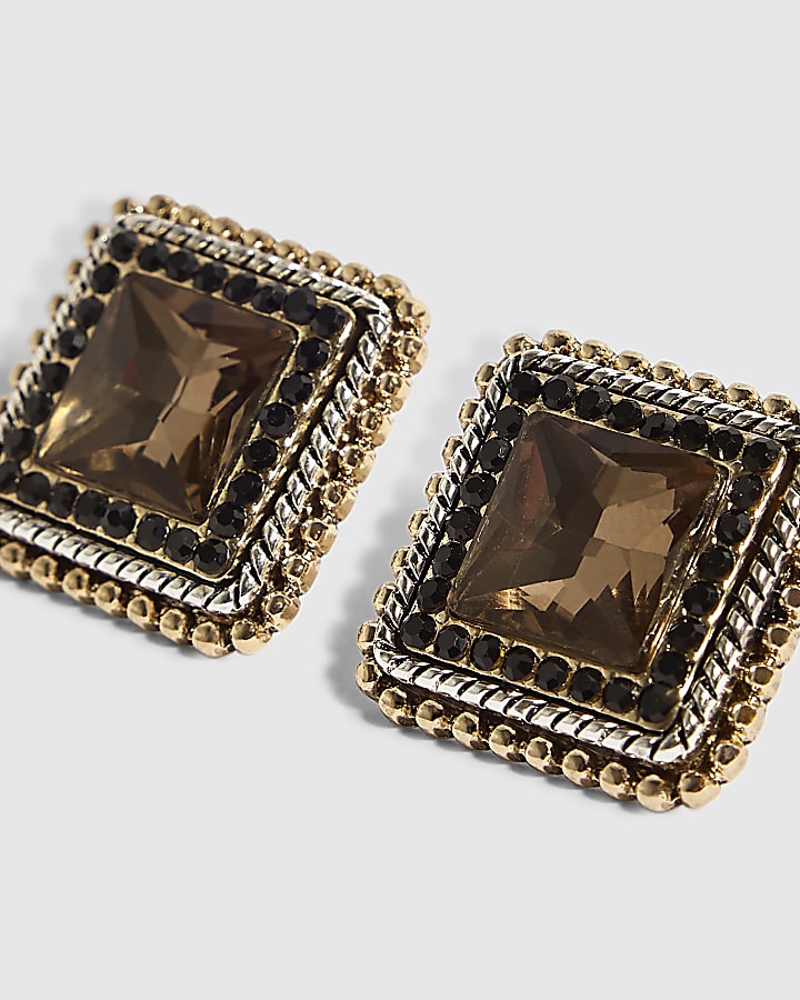 Gold Crystal Square Stud Earrings