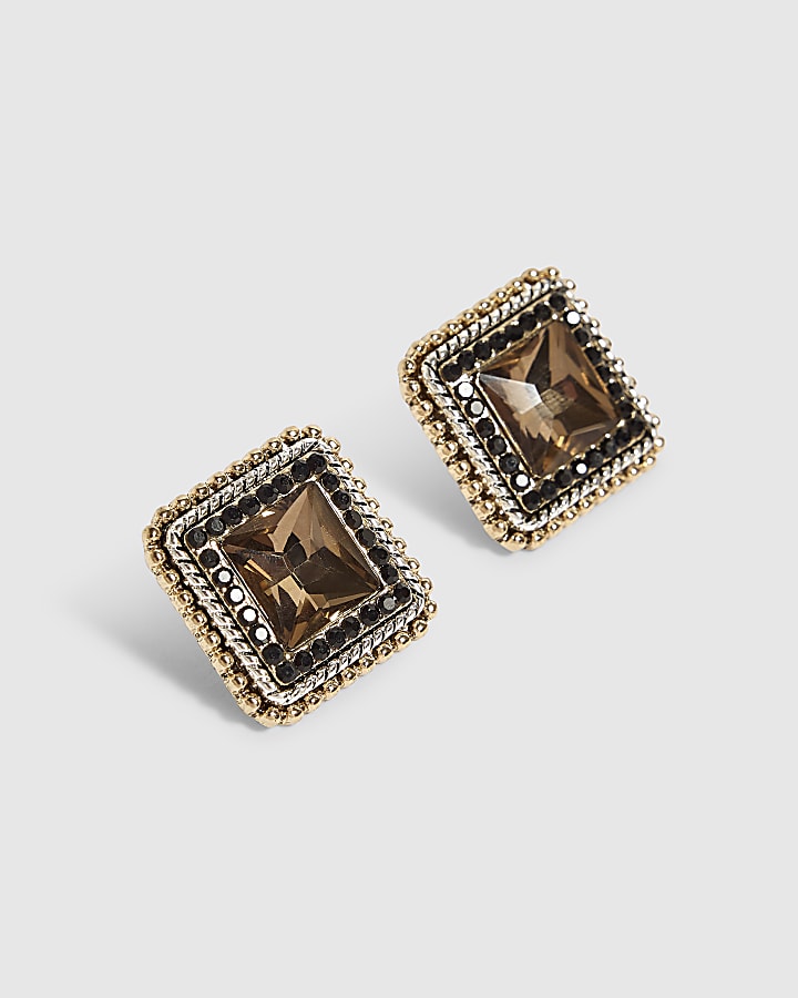 Gold Crystal Square Stud Earrings