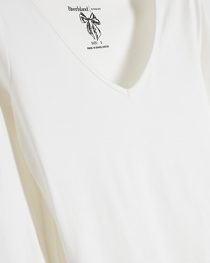 White V Neck Cotton Blend Bodysuit