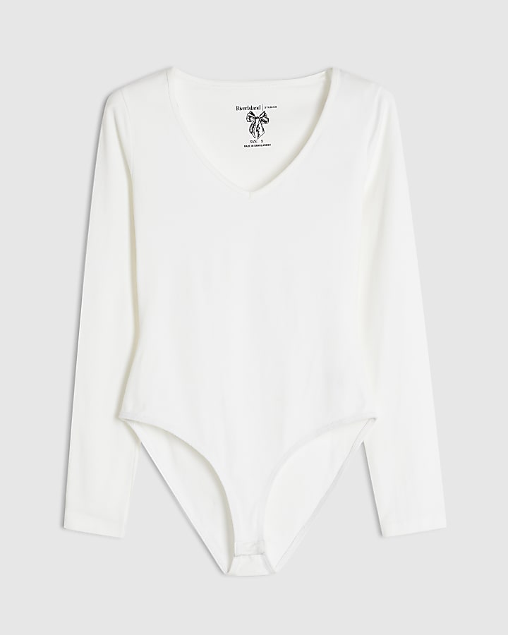 White V Neck Cotton Blend Bodysuit