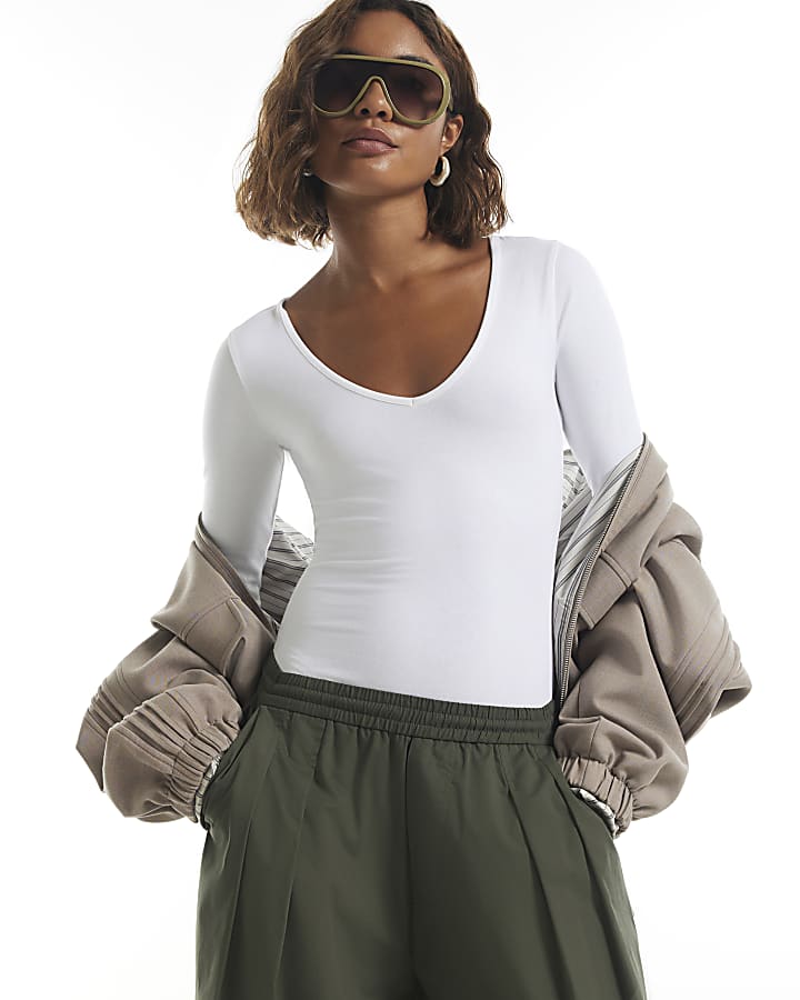 White V Neck Cotton Blend Bodysuit