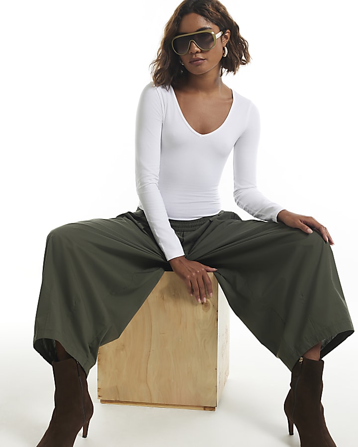 White V Neck Cotton Blend Bodysuit