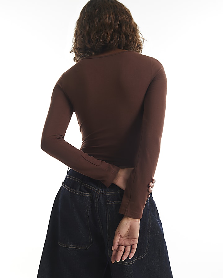 Brown V Neck Cotton Blend Bodysuit