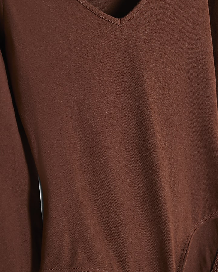 Brown V Neck Cotton Blend Bodysuit