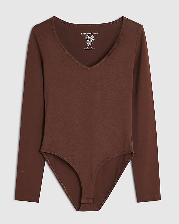 Brown V Neck Cotton Blend Bodysuit