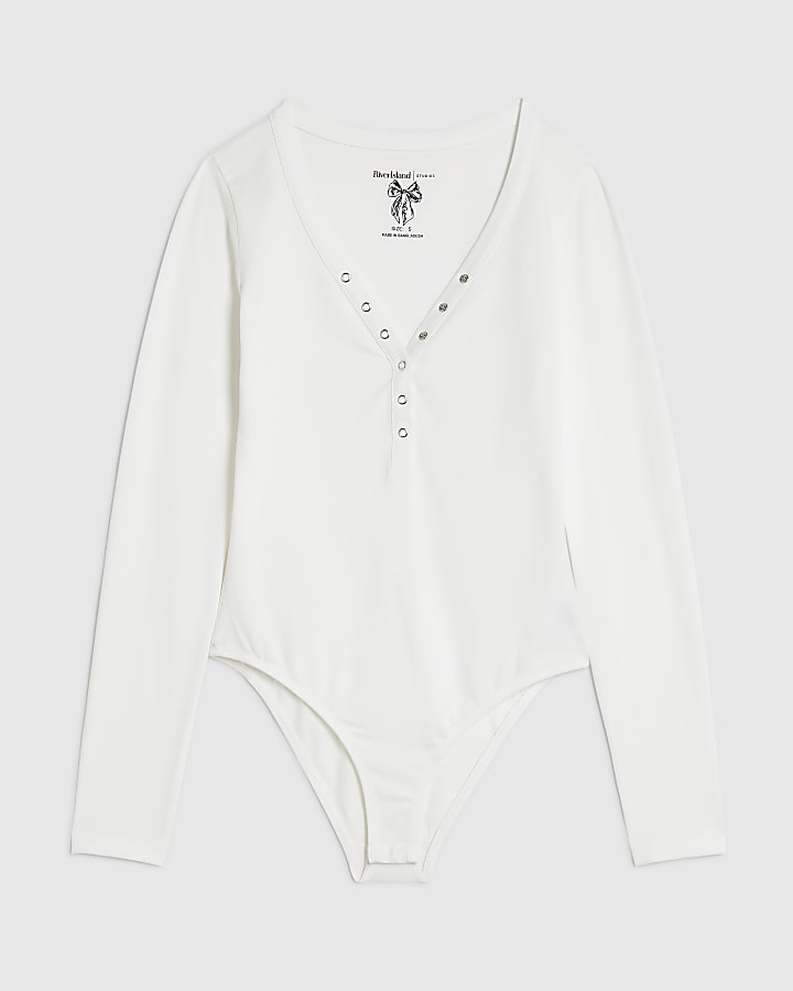 White Long Sleeve Henley Bodysuit