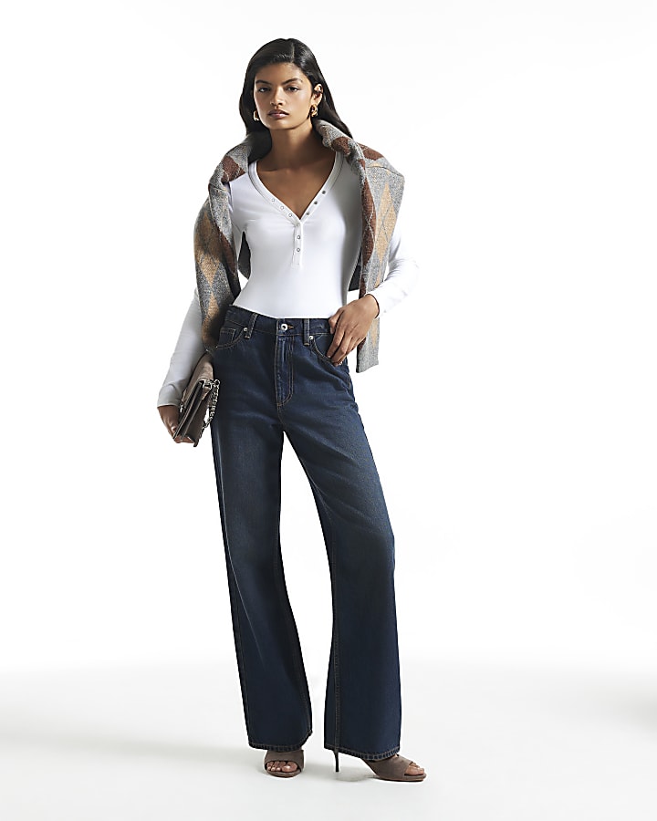 White Long Sleeve Henley Bodysuit