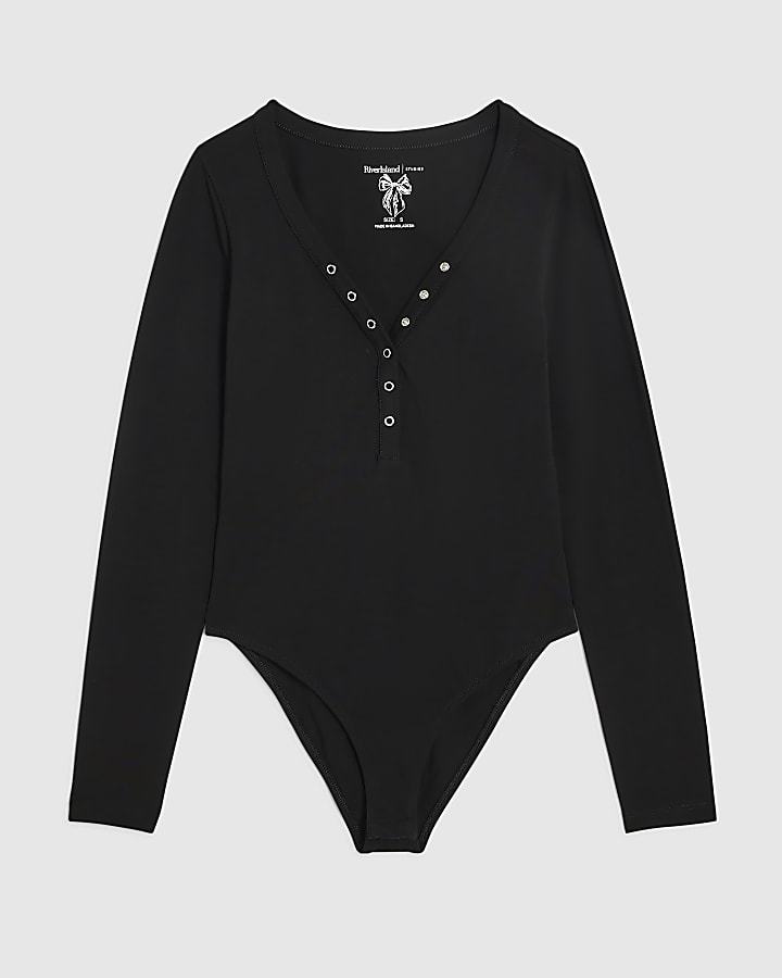 Black Long Sleeve Henley Bodysuit