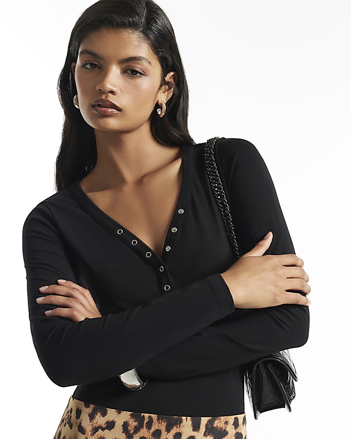 Black Long Sleeve Henley Bodysuit